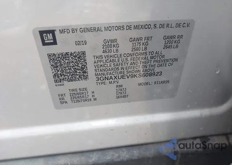 2019 Chevrolet Equinox Lt z USA, uszkodzony, nr VIN 3GNAXUEV9KS608923